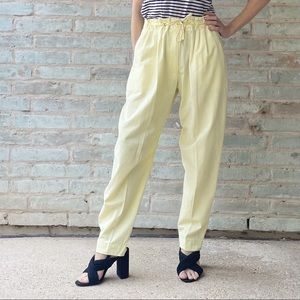 Vintage Pegged Pants 80s Yellow Drawstring Baggy Pleated Taper Casual Trousers